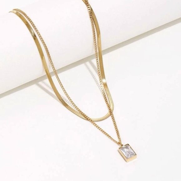 14K Gold Plated Rhinestone Layered Necklace - Picture 1 of 3